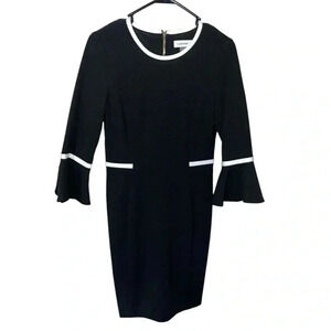 Calvin Klein Sheath Midi Dress Flounce Sleeve Black & White Funeral‎ Graduation
